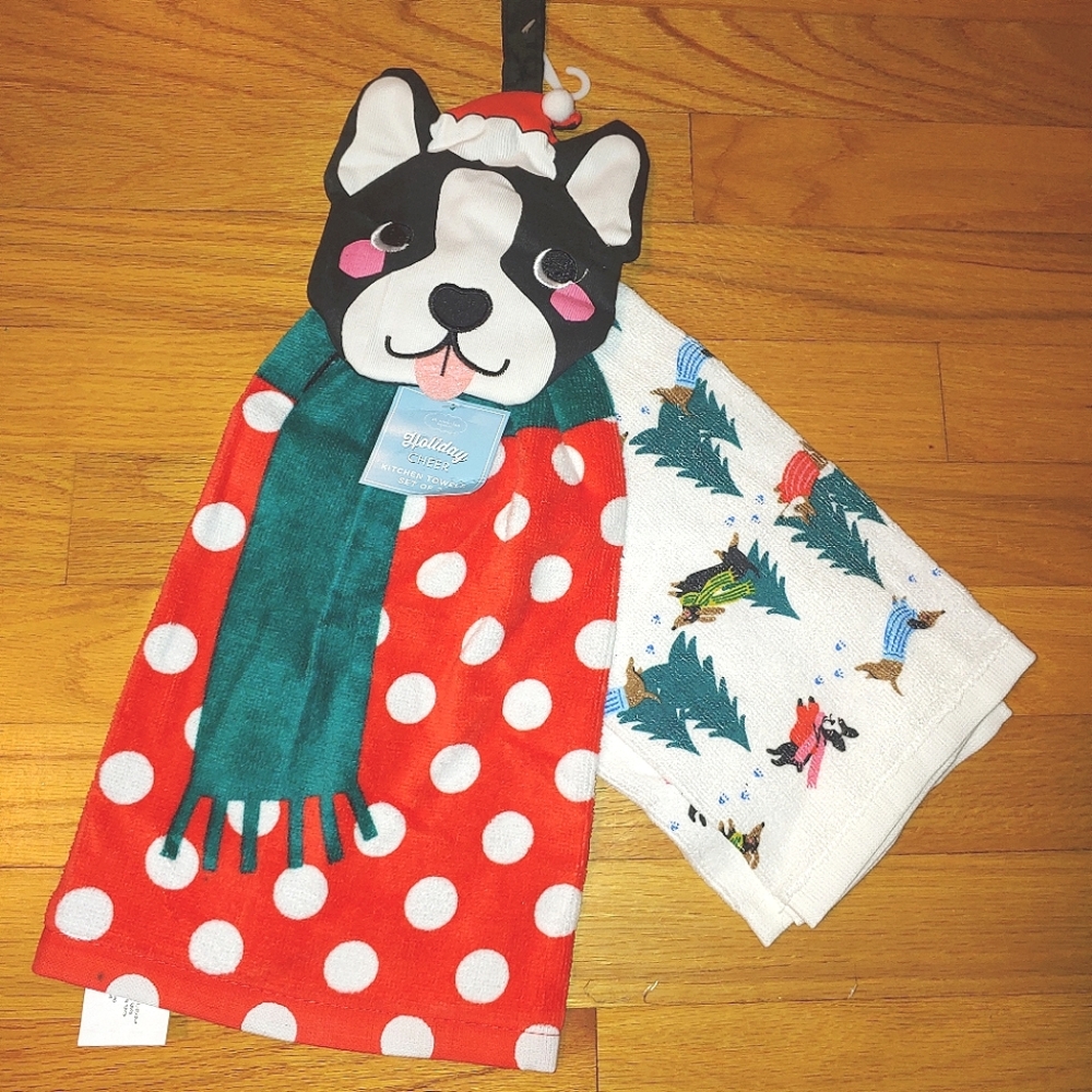 Frenchie Boston Terrier Dogs Dachshund Set of 2 Kitchen Towels Holiday Christmas